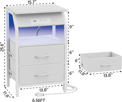 SZLHANJZ LED End Table, Nightstand with 2 Drawers and Charging Station Type C Port, Storage Fabric Night Stand for Bedside, Small Side Table for Living Room Dorm, White