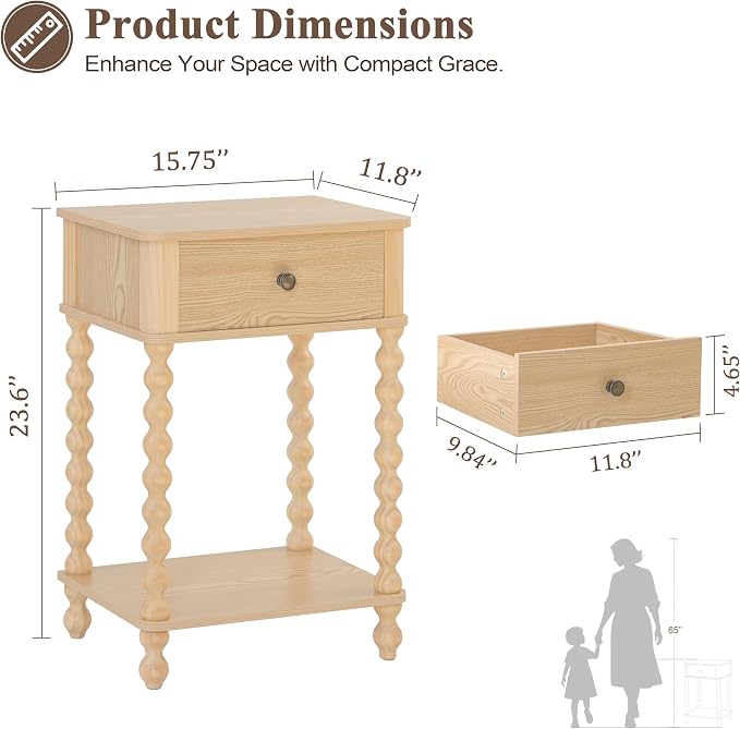 AWASEN Night Stand, Small End Table with Storage for Living Room, Farmhouse Bedside Side Table with Spindle Wood Legs for Bedroom, Office, Natural