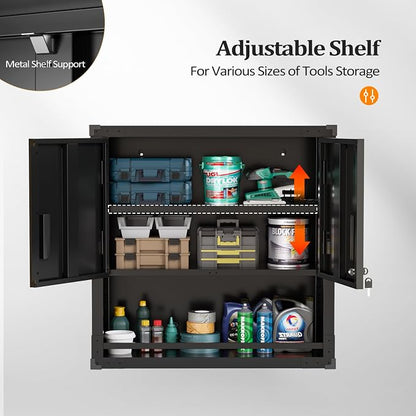 VINGLI Garage Wall Cabinet with Locking Doors and Adjustable Shelf, Metal Wall Cabinet, Floating Upper Storage Cabinet (Black, 30''W x 12''D x 30''H)