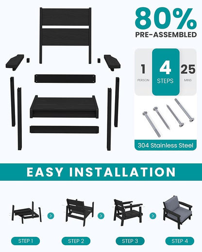 SERWALL HDPE Outdoor Couch, Black Frame and Grey Cushion