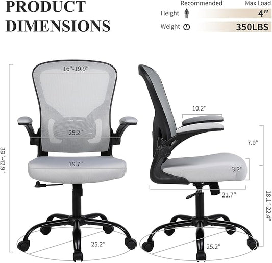 Flysky Mesh Office Chair, Ergonomic Computer Desk Chairs for Home Office - with Comfy/Comfortable Flip-up Arm Rests, Lumbar Support, Height Adjustable, 360 Degree Rolling Swivel (Gray, 1 Pack)