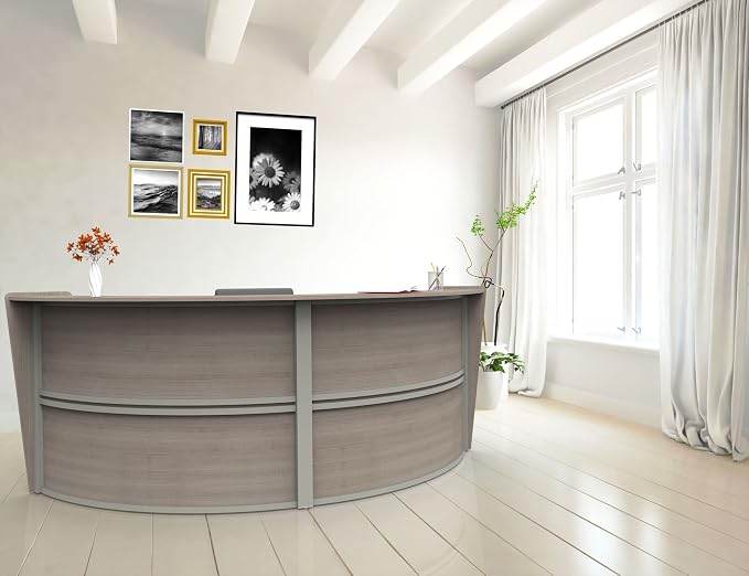 Linea Italia Curved Modern Office Desk Easy to Assembly 2 Panel Reception Counter for Lobby, Salon, 124" x 49", Ash