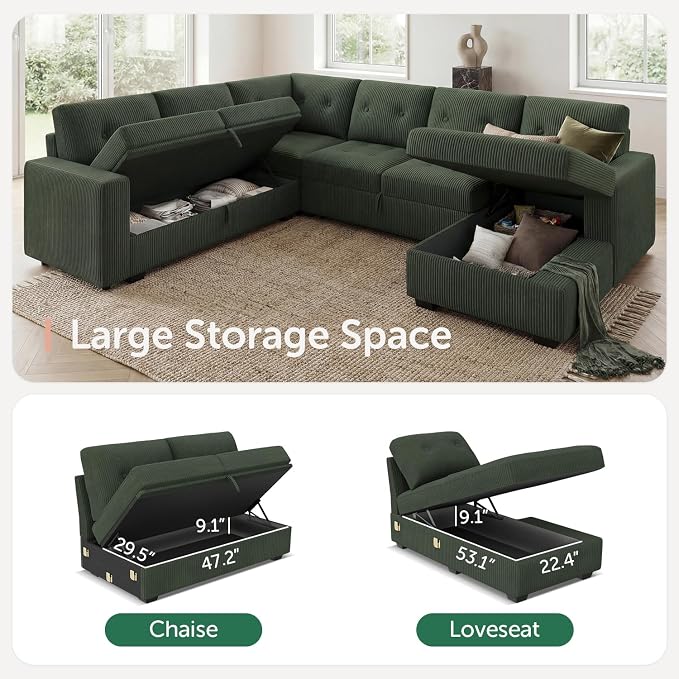 HONBAY Modular Sectional Sleeper Sofa with Pull Out Bed, U Shaped Sleeper Couches with Storage Chaise, 114'' Sleeper Sectional Sofas for Living Room, Apartment (Velvet Green)