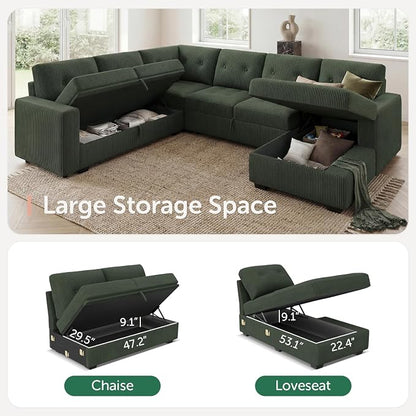 HONBAY Modular Sectional Sleeper Sofa with Pull Out Bed, U Shaped Sleeper Couches with Storage Chaise, 114'' Sleeper Sectional Sofas for Living Room, Apartment (Velvet Green)