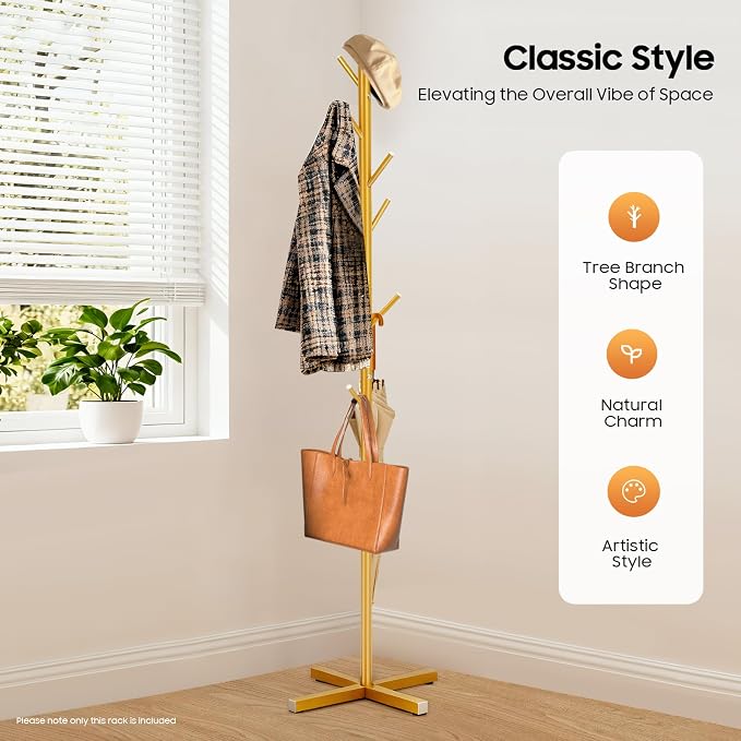 Modern Coat Rack,Free Standing 7 Hooks Hall Tree,Easy Assembly for Coats, Hats,Scarves and Handbags for Entryway, Hallway,Bedroom,Office,Gold