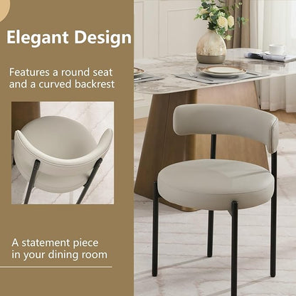 Faux Leather Dining Chairs Set of 4, Upholstered Kitchen and Dining Room Chairs, Mid-Century Modern Dining Chairs with Round Back and Black Metal Legs, Vegan Leather, Beige Grey