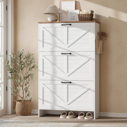 Nicetree Shaker Barn Door Shoe Cabinet - 3 Flip Drawers & 3 Adjustable Shelves, 9.1" Ultra Slim Freestanding, Contemporary Rustic Brushed White Farmhouse Shoe Rack for Entryway, Hallway, Foyer