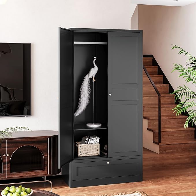 Letaya Metal Wardrobe Cabinets,18" Deep Clothing Storage Cabinet with Doors and Shelves,for Home Room,Fire Department, School, Employee,Gym,Government (Black)