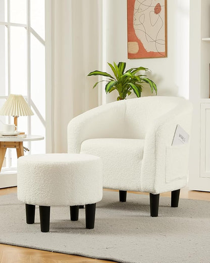 GarveeHome Accent Chair with Ottoman, Boucle Barrel Chair for Bedroom, Soft Armchair with Footstool, Modern Living Room Chair for Small Space, Beige