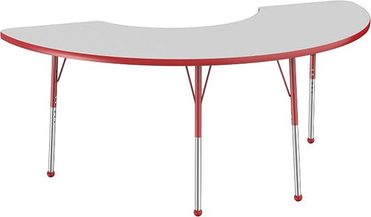 FDP Half Moon Activity School and Office Table (36 x 72 inch), Standard Legs with Ball Glides for Collaborative Seating Environments, Adjustable Height 19-30 inches - Gray Top and Red Edge