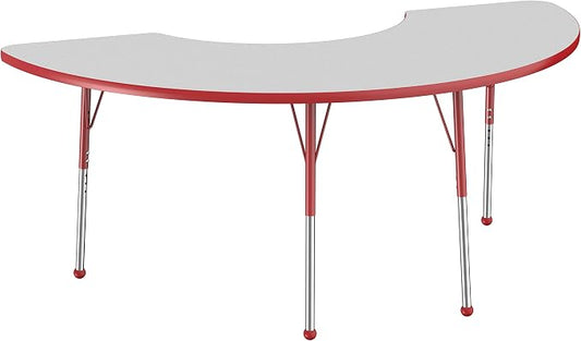 FDP Half Moon Activity School and Office Table (36 x 72 inch), Standard Legs with Ball Glides for Collaborative Seating Environments, Adjustable Height 19-30 inches - Gray Top and Red Edge
