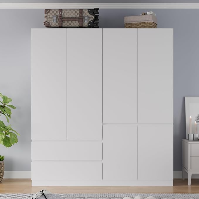 Mekminop Armoire Wardrobe Closet with Drawers and Shelves, 4 Door 2 Drawers White Bedroom Armoires, Modern Wooden Wardrobe with Hanging Rod, 20.39" D x 63" W x 78.74" H