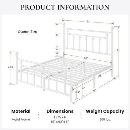 SHA CERLIN 14" Queen Size Metal Platform Bed Frame/Victorian Headboard and Footboard/Steel Slats Mattress Foundation for Storage/No Box Spring Needed/Noise Free/White