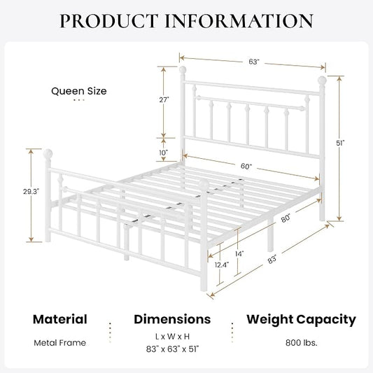 SHA CERLIN 14" Queen Size Metal Platform Bed Frame/Victorian Headboard and Footboard/Steel Slats Mattress Foundation for Storage/No Box Spring Needed/Noise Free/White