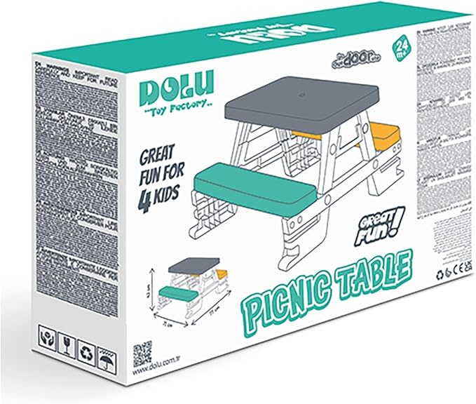 DOLU: Picnic Table for 4: White, Green, Yellow - Indoor/Outdoor, Bench Seating, Durable Waterproof Plastic Toy, 30.3 x 28 x 17, Toddler Kids Age 2+