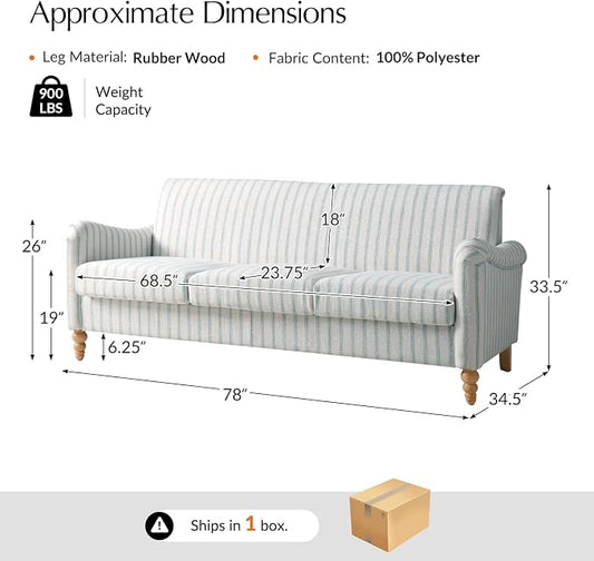 HULALA HOME Farmhouse Curved Couch with Stripe Pattern, 3 Seater Sofa with Solid Wood Spindle Legs and Rolled Wide Armrests, Comfy Upholstered Sofa for Living Room Bedroom, Blue