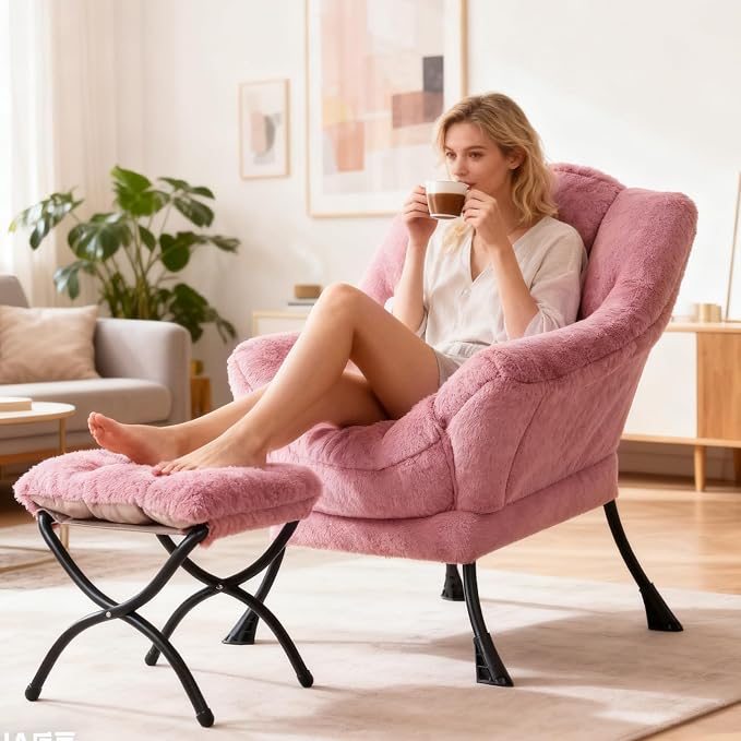Lazy Chair with Ottoman, Modern Accent Chair Contemporary Sofa Chair with Armrests, Reading Chair and Folding Footstool Set for Living Room, Bedroom, Office