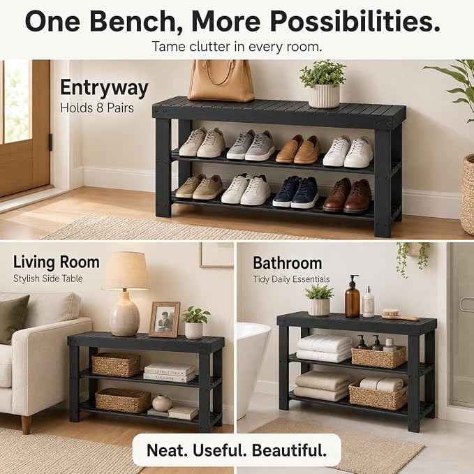 Shoe Rack Bench, 3-Tier Shoe Storage Organizer for Entryway , Shoe Shelf for Small Spaces, Multi-Functional Side Table Plant Stand, Shoe Stand for Bedroom, Living Room, Closet, Front Door, Black