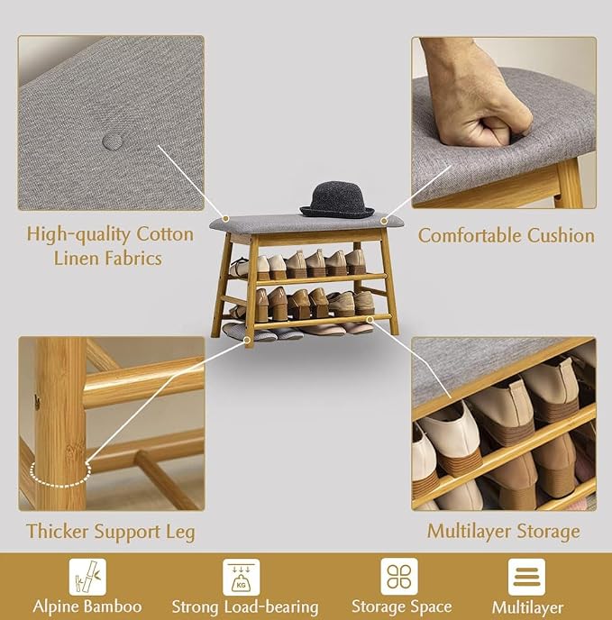 Shoe Rack Storage Bench, Bamboo Shoe Shelf with Cushioned Seat and Organizer Compartment, Upholstered Bench for Closet, Entryway, Hallway, Bedroom,70cm