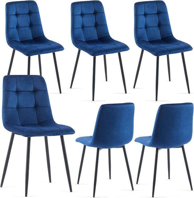 NORDICANA Navy Blue Velvet Dining Chairs Set of 6, Upholstered Tufted Kitchen Chairs, Comfortable Seat, Metal Leg, Easy Assembly