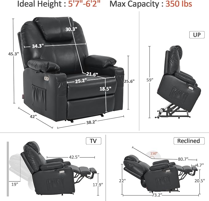 MCombo Oversized Power Lift Recliner Chair for Elderly, Lift Chair with Heat and Massage for Big and Tall, USB&Type C Ports, Cup Holders, Faux Leather R7510 (Black, Large-Wide)