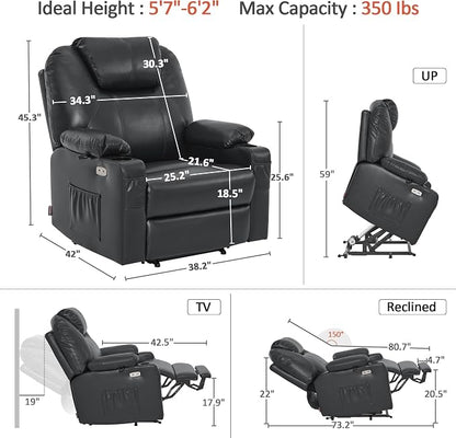 MCombo Oversized Power Lift Recliner Chair for Elderly, Lift Chair with Heat and Massage for Big and Tall, USB&Type C Ports, Cup Holders, Faux Leather R7510 (Black, Large-Wide)