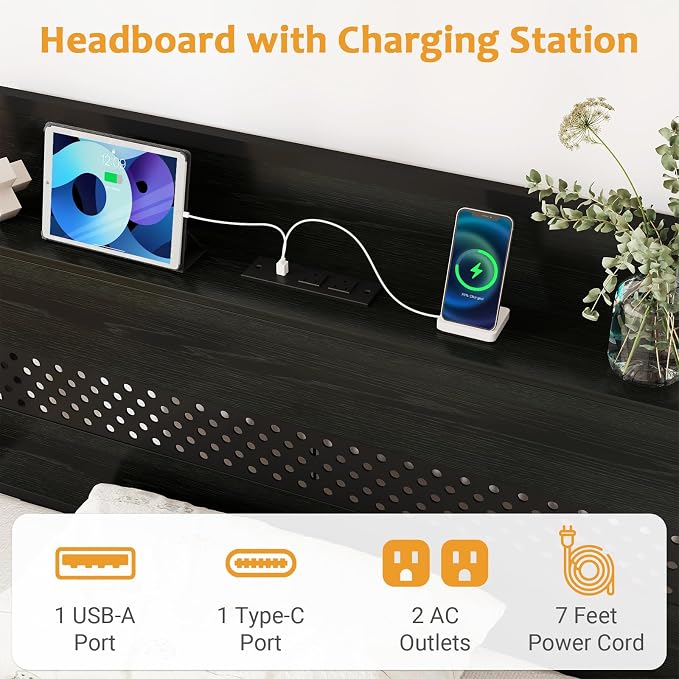 Zevemomo Twin Bed Frame with Drawers, Twin Metal Bed Frame with LED Light and Charging Station, Heavy Duty Metal Slats, No Box Spring Needed, Black