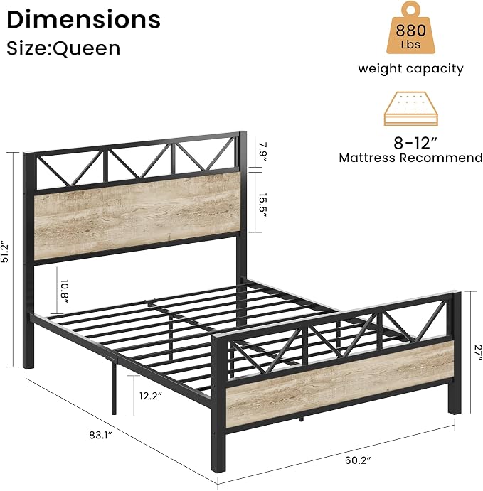 LIKIMIO Queen Bed Frame, Tall Modern Headboard 51.2 ", Platform Bed Frame with Strong Metal Support, Solid and Stable, Noise Free, No Box Spring Needed, Easy Assembly, White Maple