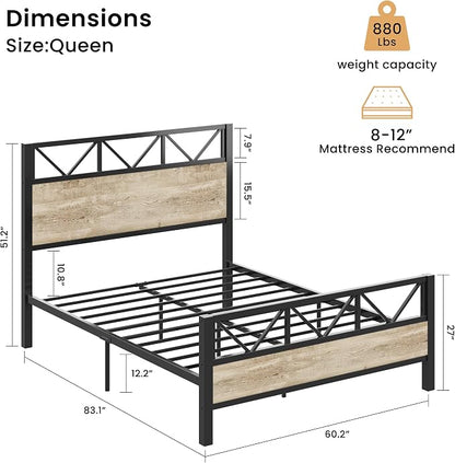 LIKIMIO Queen Bed Frame, Tall Modern Headboard 51.2 ", Platform Bed Frame with Strong Metal Support, Solid and Stable, Noise Free, No Box Spring Needed, Easy Assembly, White Maple