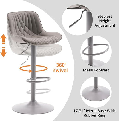YOUTASTE Faux Leather Bar Stools Set of 2, All Grey Upholstered Counter Height Barstools with Back, Adjustable Swivel Stool Chair with Grey Metal Base for Home Kitchen Island