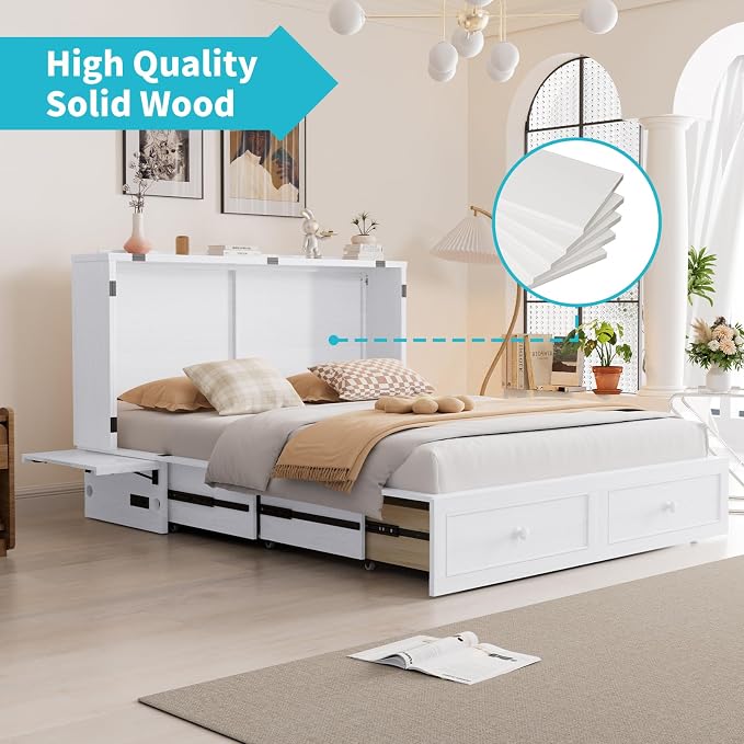 CECER White Murphy Bed Cabinet with Mattress, Space-Saving Folding Bed
