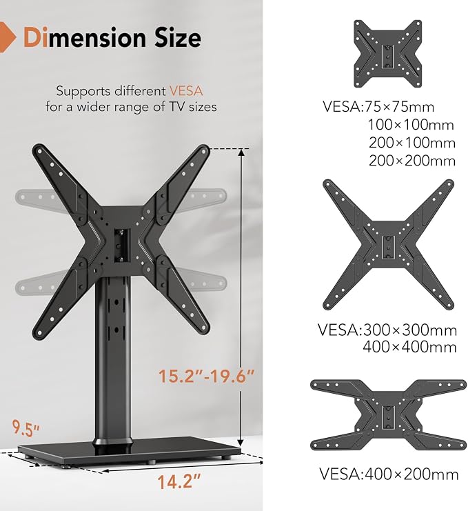 Hemudu Universal Swivel TV Stand/Base Table Top TV Stand for 21 to 50 inch TVs with 90 Degree Swivel, 4 Level Height Adjustable, Heavy Duty Tempered Glass Base, Holds up to 99lbs, HT02B-002