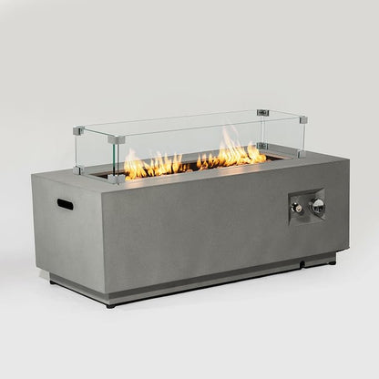 42" Propane Gas Fire Pit Table, 50000 BTU Rectangular Outdoor Fire Pit with Glass Wind Guard, Steel Patio Fire Table with Lid, Lava Rocks & Rain Cover for Backyard Deck Garden, Gray