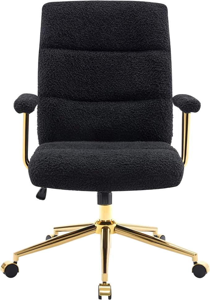 Techni Mobili Boucle Office Chair, Adjustable Desk Chair, Black & Gold | Black boucle office chair, gold base, padded seat, height adjustable, modern desk chair, textured fabric, swivel, ergonomic