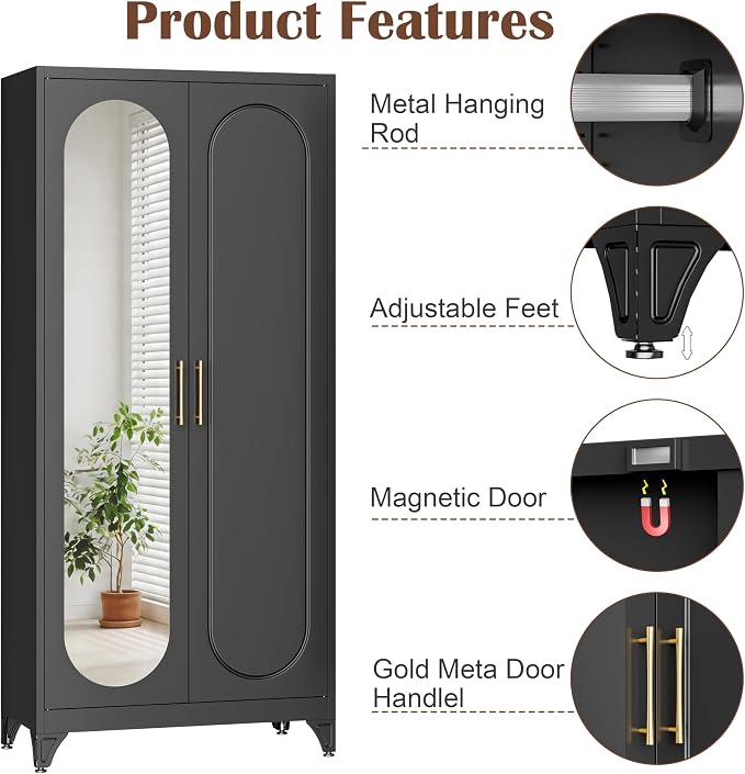 SteeLoong Metal Wardrobe Cabinet with Hanging Rod, 71" Tall Armoire Wardrobe Closet with Mirror Doors and Adjustable Shelves, Black Clothing Storage Cabinets for Bedroom, Laundry Room,Office