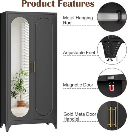 SteeLoong Metal Wardrobe Cabinet with Hanging Rod, 71" Tall Armoire Wardrobe Closet with Mirror Doors and Adjustable Shelves, Black Clothing Storage Cabinets for Bedroom, Laundry Room,Office
