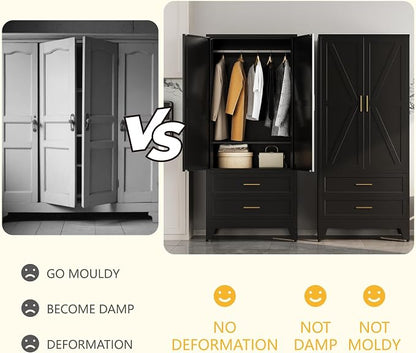 Metal Wardrobe Closet Cabinet with Drawers,71" H Large Bedroom Armoires with Shelves and Hanging Rod,Wardrobe Storage Cabinet with 2 Doors, 1 Adjustable Shelf and Drawers (2Drawer, Black)