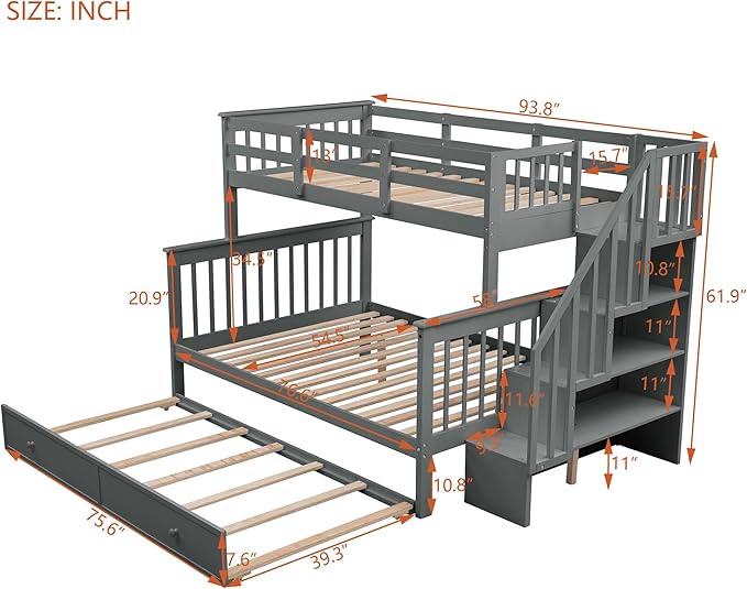 MERITLINE Twin Over Full Bunk Bed with Trundle, Storage Staircase,Solid Wood Bunk Bed with Stairs Box and Guardrail, No Spring Box Needed (Grey &Trundle,Twin Over Full)