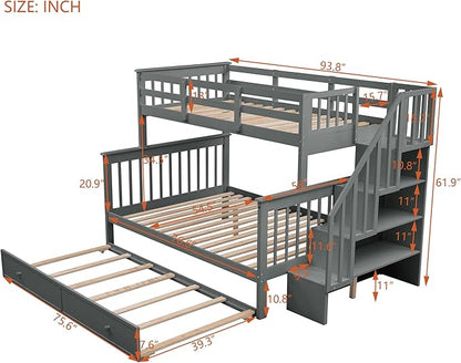 MERITLINE Twin Over Full Bunk Bed with Trundle, Storage Staircase,Solid Wood Bunk Bed with Stairs Box and Guardrail, No Spring Box Needed (Grey &Trundle,Twin Over Full)