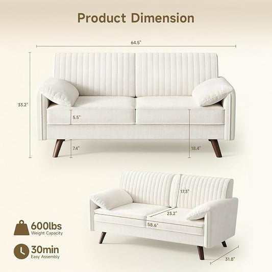 ONBRILL 64.5" Loveseat Sofa, Chenille Loveseat Couch for Living Room, 23.2" Deep Seat Love Seat with Padded Arms, Comfy Modern Small Couches for Bedroom, Small Spaces, Dorms, Office, Beige