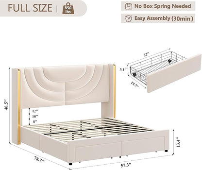 HITHOS Full Upholstered LED Bed Frame with 2 Storage Drawers, Velvet Platform Bed with Wingback Headboard, Solid Wooden Slats Support, No Box Spring Needed, Headboard Splicing Design, Beige