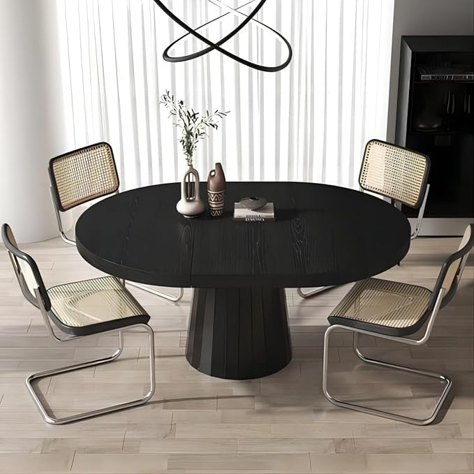 homary Extendable Dining Table for 6 Round to Oval 39"-55", Solid Wood Kitchen Table for 4-6 People, Space-Saving Design for Small Spaces & Family Gatherings