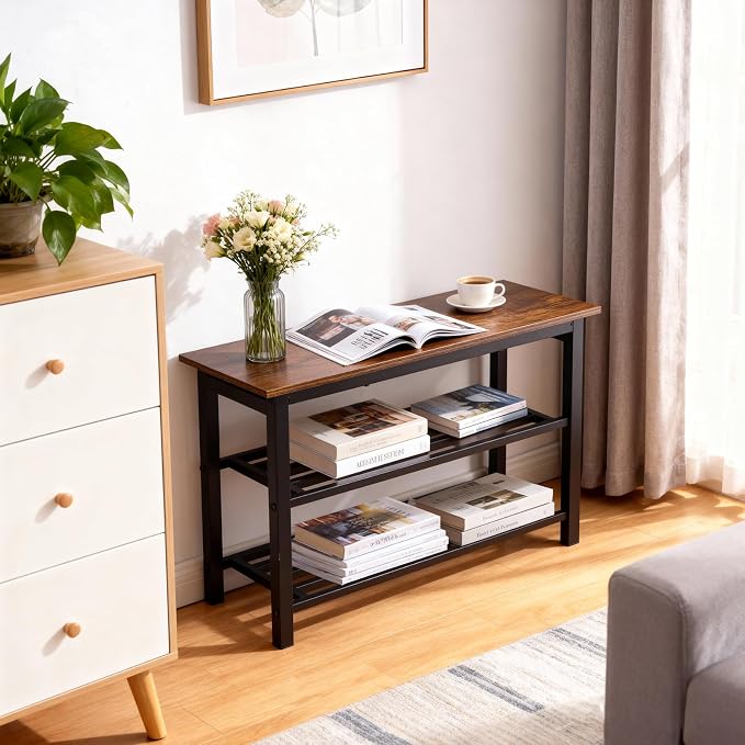 Shoe Rack Bench, Industrial Entryway Storage Bench Organizer with Multiple Tiers and Wood Seat, Rustic Brown (3-Tier)