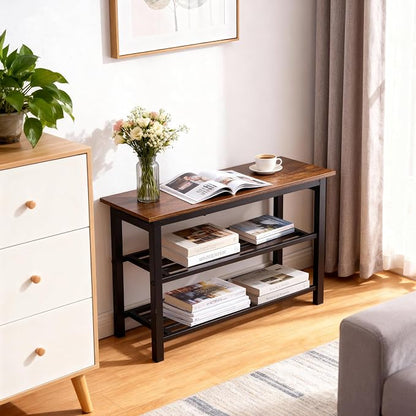 Shoe Rack Bench, Industrial Entryway Storage Bench Organizer with Multiple Tiers and Wood Seat, Rustic Brown (3-Tier)