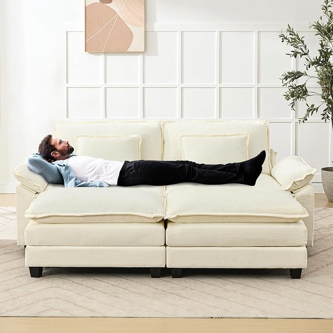 Oprisen 86" Modular Sectional Sofa, Comfy Cloud Couch Sectional Sofa with Ottoman, Chenille Sofa Sleeper Deep Seat Sofa with Throw Pillows for Living Room (Beige White)