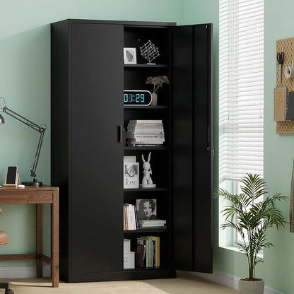VINGLI Metal Garage Storage Cabinet with 2 Doors and 5 Adjustable Shelves, 71" Tall Steel Lockable File Cabinet, Locking Tool Cabinets for Home Office Garage Gym School (Black)