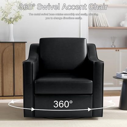 Faux Leather Swivel Accent Chairs Set of 2, 360° Swivel Upholstered Club Armchairs for Living Room, Comfy Single Sofa Reading Chair with Deep Seat, Metal Swivel Base, Black