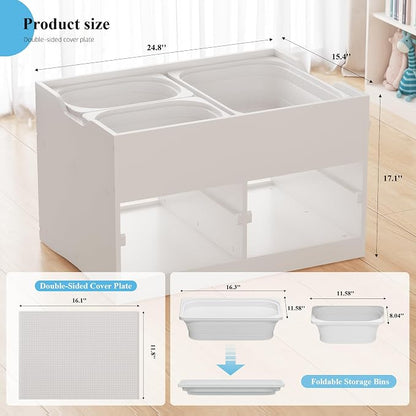 Easyego Kid Sensory Table with Storage - Activity Table with Building Block Boards & Foldable Storage Bins, Birthday Gifts for Boys and Girls - White
