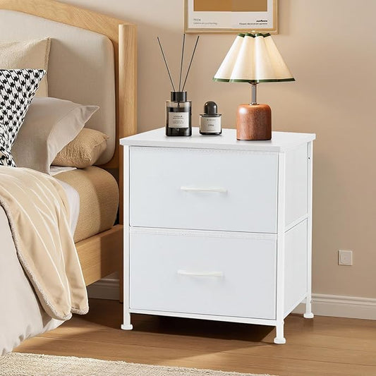 Nightstand Set of 2, Small 2 Drawer Dresser End Table Bedside Furniture, Wooden Top Fabric Bins for Bedroom, Closet, Entryway, Dorm, 11.8" D x 18" W x 20", White
