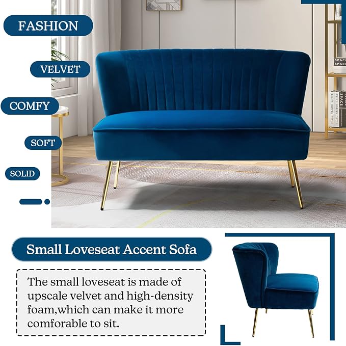 TINA'S HOME Contemporary Velvet Loveseat Sofa, Upholstered Loveseat Couch with Golden Metal Legs, Small Tufted 2-Seat Sofa Armless Love Seat for Living Room, Bedroom, Apartment Small Spaces, Navy